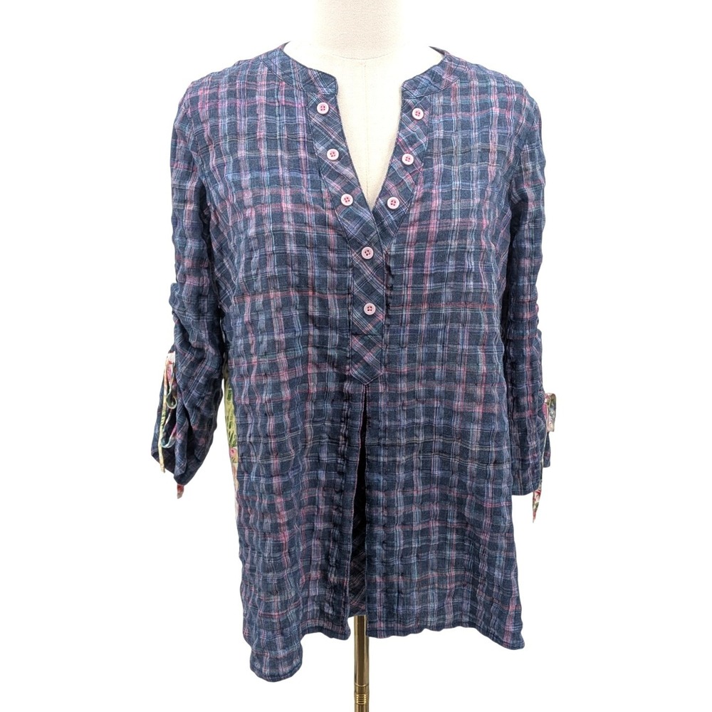 Sharon Young Plaid Tunic Blouse Floral Back Cotton Linen Tie Sleeve Boho S